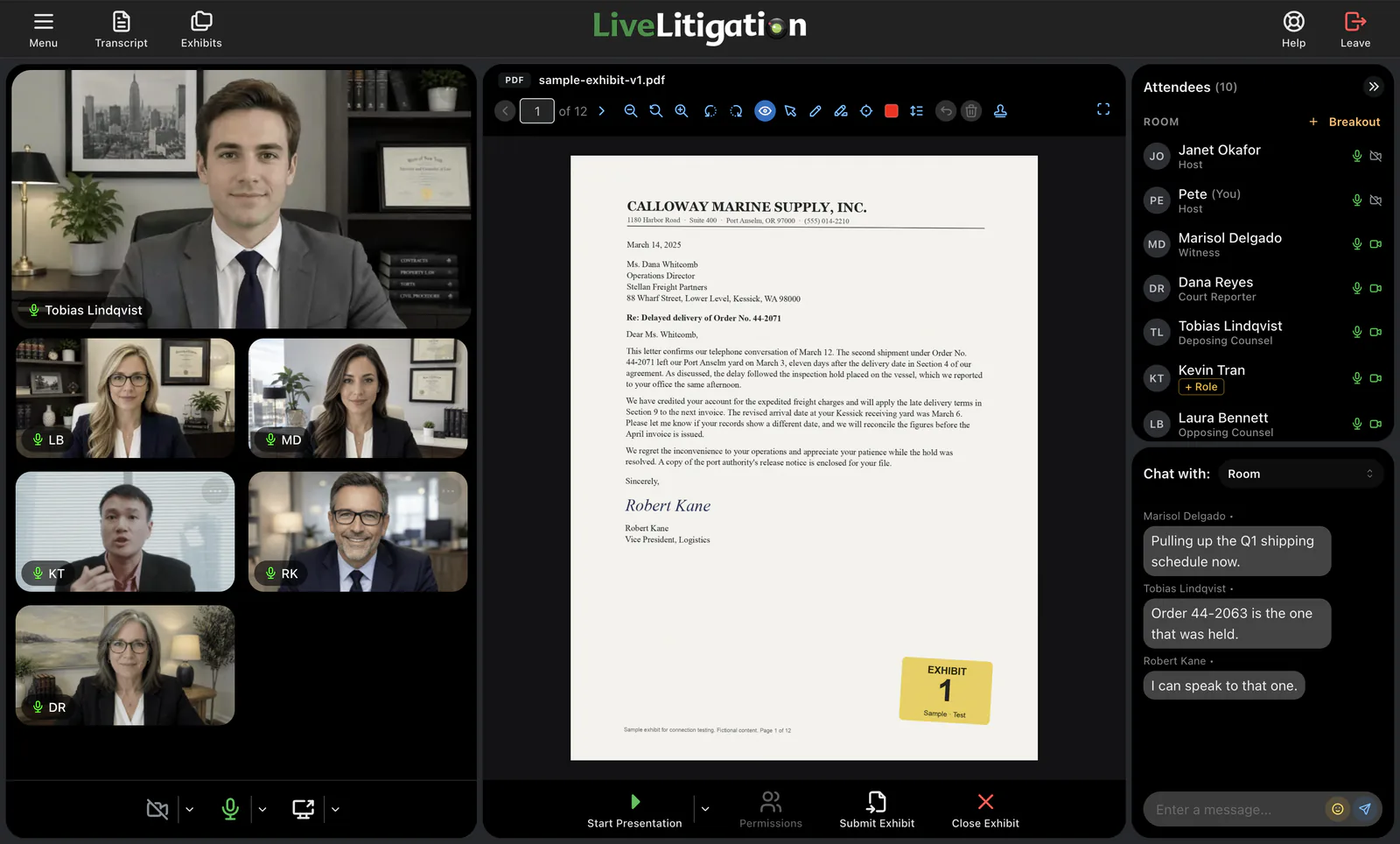 Electronic exhibits shared, marked up, and stamped live during a remote deposition