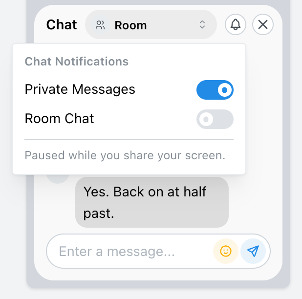 Chat notification settings opened from the bell in the Chat panel