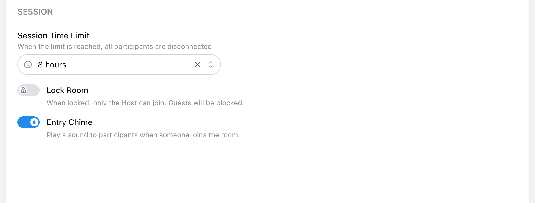 Session options and the Create button at the bottom of the room form