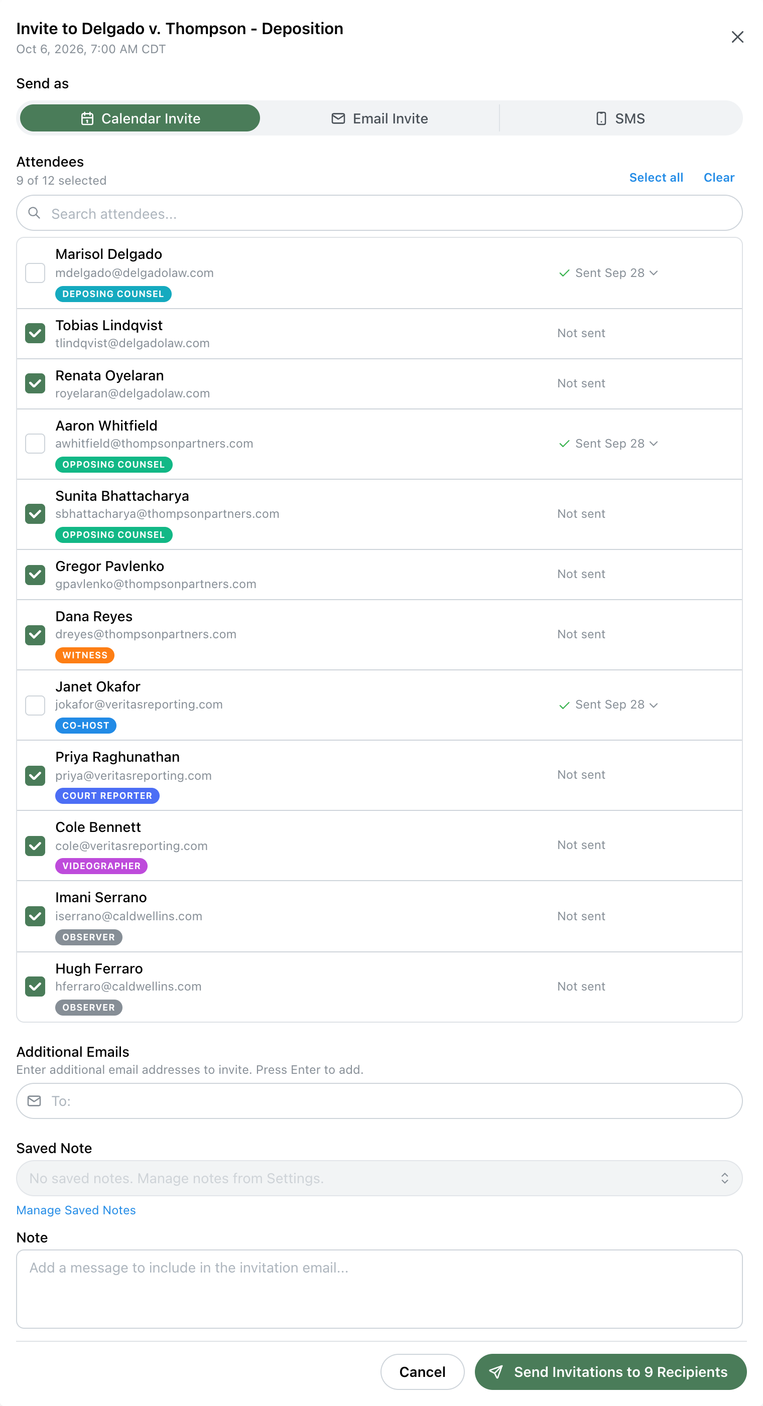 Invitations modal with Send as options, per-attendee sent status, and note fields