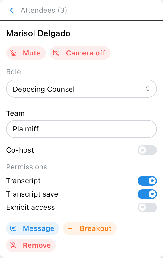 Attendee card showing the host controls for one person
