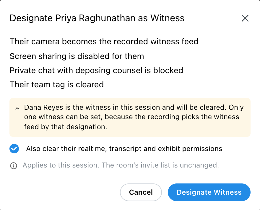 Role change confirmation showing the consequences of designating a witness
