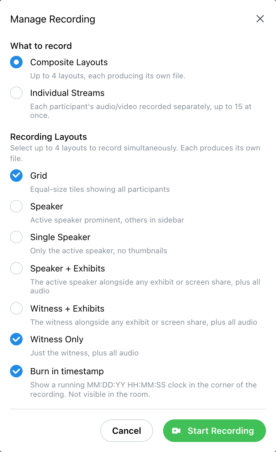 Manage Recording before starting, with layout choices and Start Recording