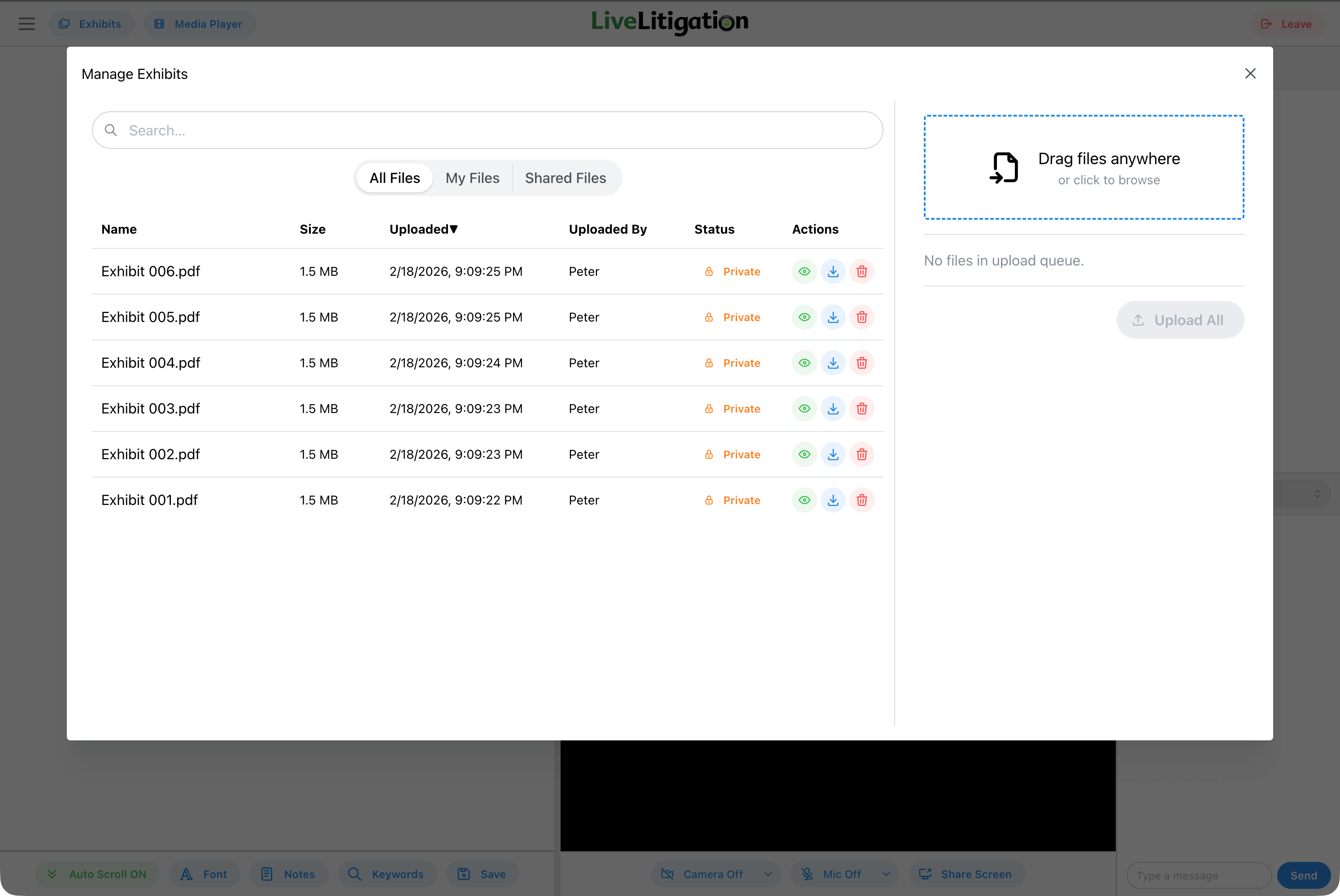 Exhibit list after upload