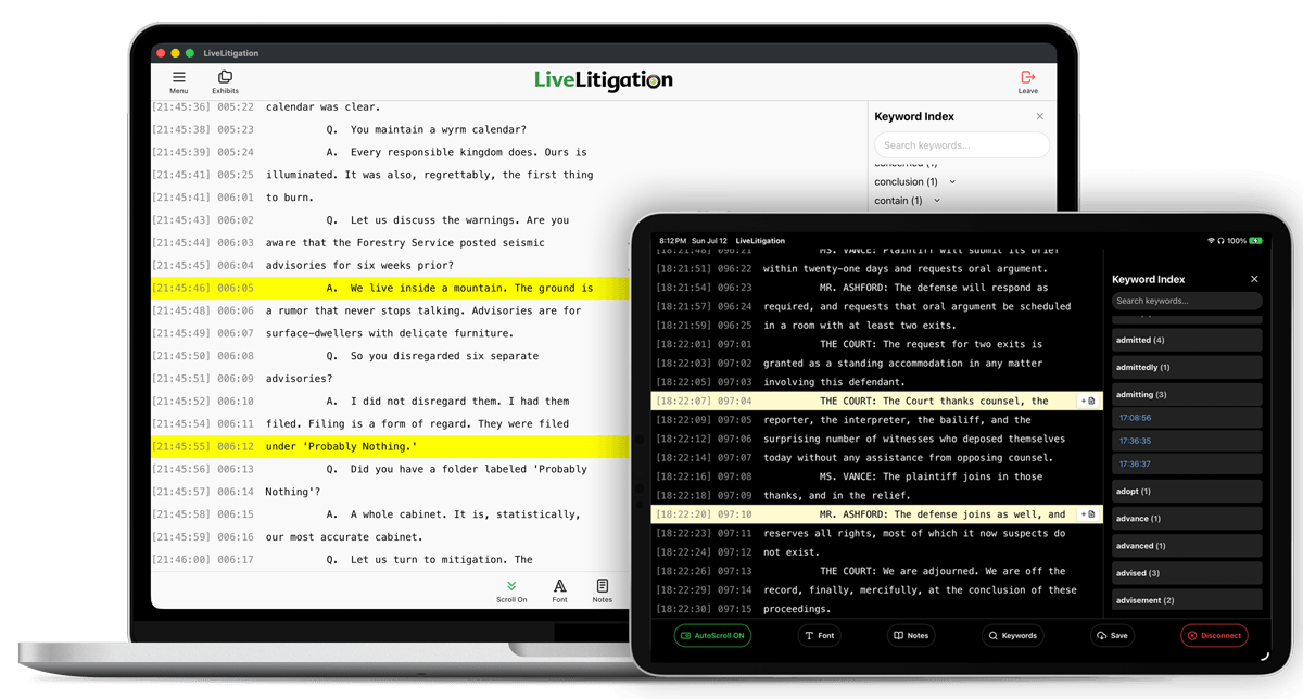 Realtime court reporting transcript streaming live to attendees during a remote deposition