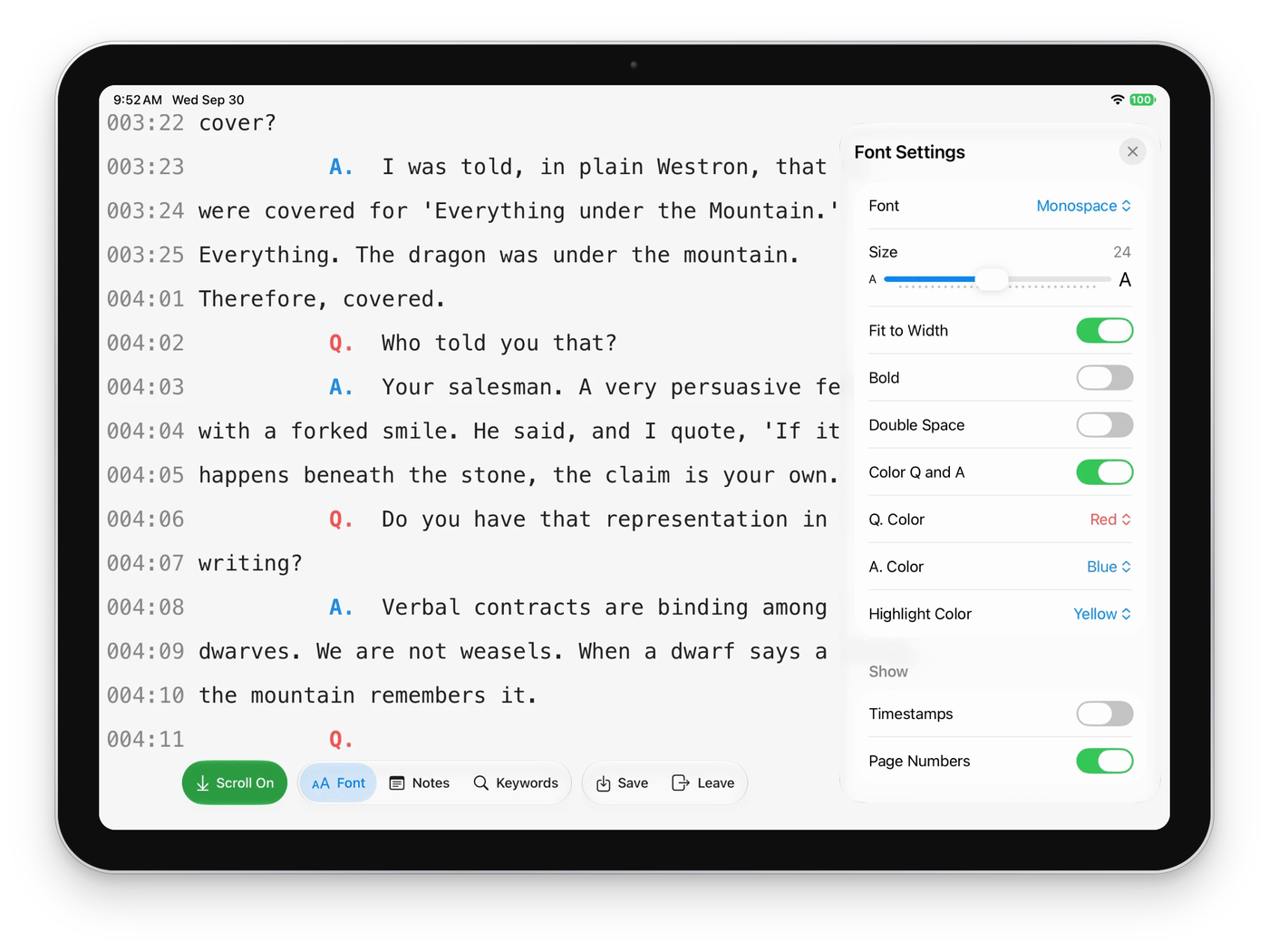 Realtime transcript on an iPad with Font Settings open: color-coded Q and A, font size, Fit to Width, bold, double spacing, highlight color, timestamps and page numbers
